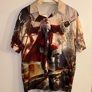 Pirate Santa on Ship All Over Photo Graphic Christmas Shirt Size Med/Large